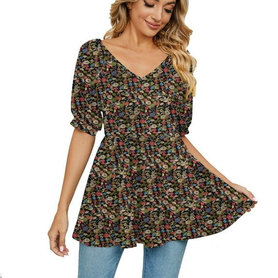 YYDGH Women's V- Neck Printing Wrapped Bubble Short Sleeve Short Tops Brown XL