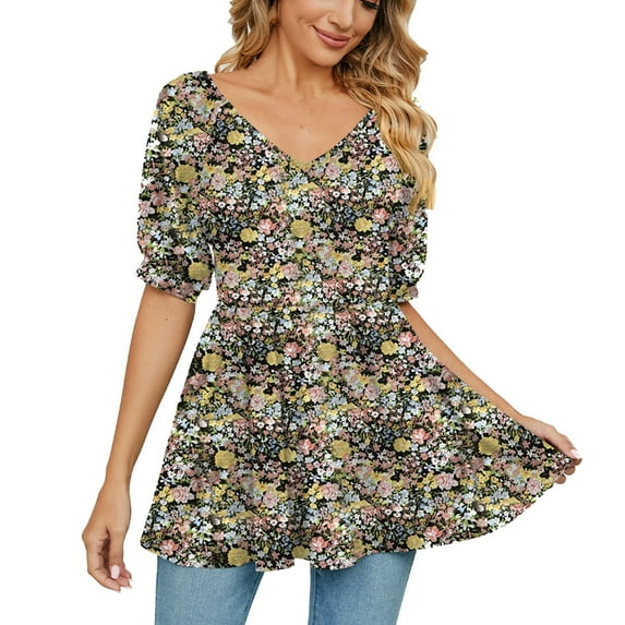 YYDGH Women's V- Neck Printing Wrapped Bubble Short Sleeve Short Tops Yellow M