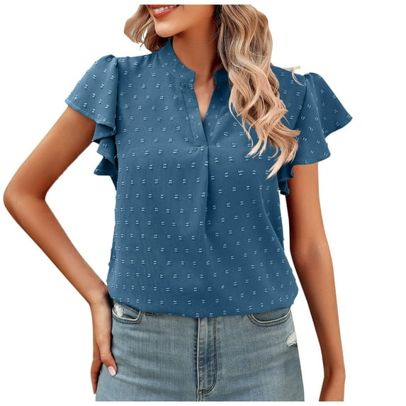 YYDGH Women's V Neck Ruffle Short Sleeve T-Shirts Summer Blouse Swiss Dot Flowy Tunic Top Blue M