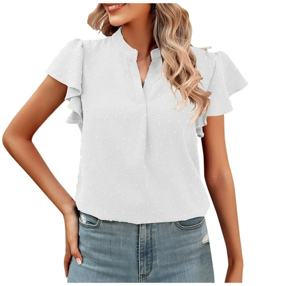 YYDGH Women's V Neck Ruffle Short Sleeve T-Shirts Summer Blouse Swiss Dot Flowy Tunic Top White S