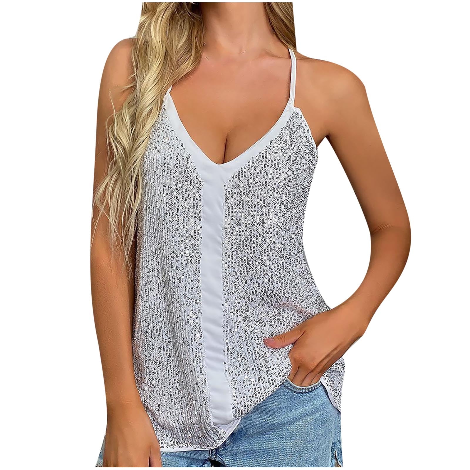 YYDGH Women's V-Neck Sequin Tank Tops Sleeveless Sparkle Camisole