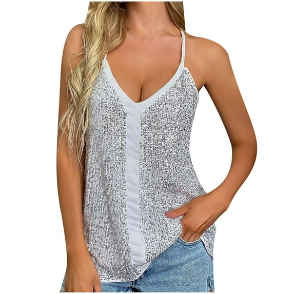 YYDGH Women's V-Neck Sequin Tank Tops Sleeveless Sparkle Camisole Vest Spaghetti Straps Cami Shirts for Party Silver S
