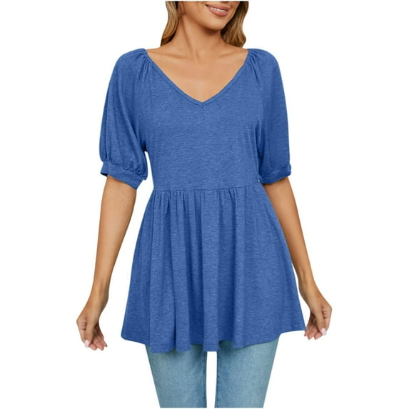 YYDGH Women's V- Neck Solid Color Short Sleeve Lapel Tops Blue S