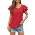 thumbnail image 1 of YYDGH Women's V Neck T Shirt Summer Hollow Casual Ruffle Sleeve Tops Blouse Red XL, 1 of 5