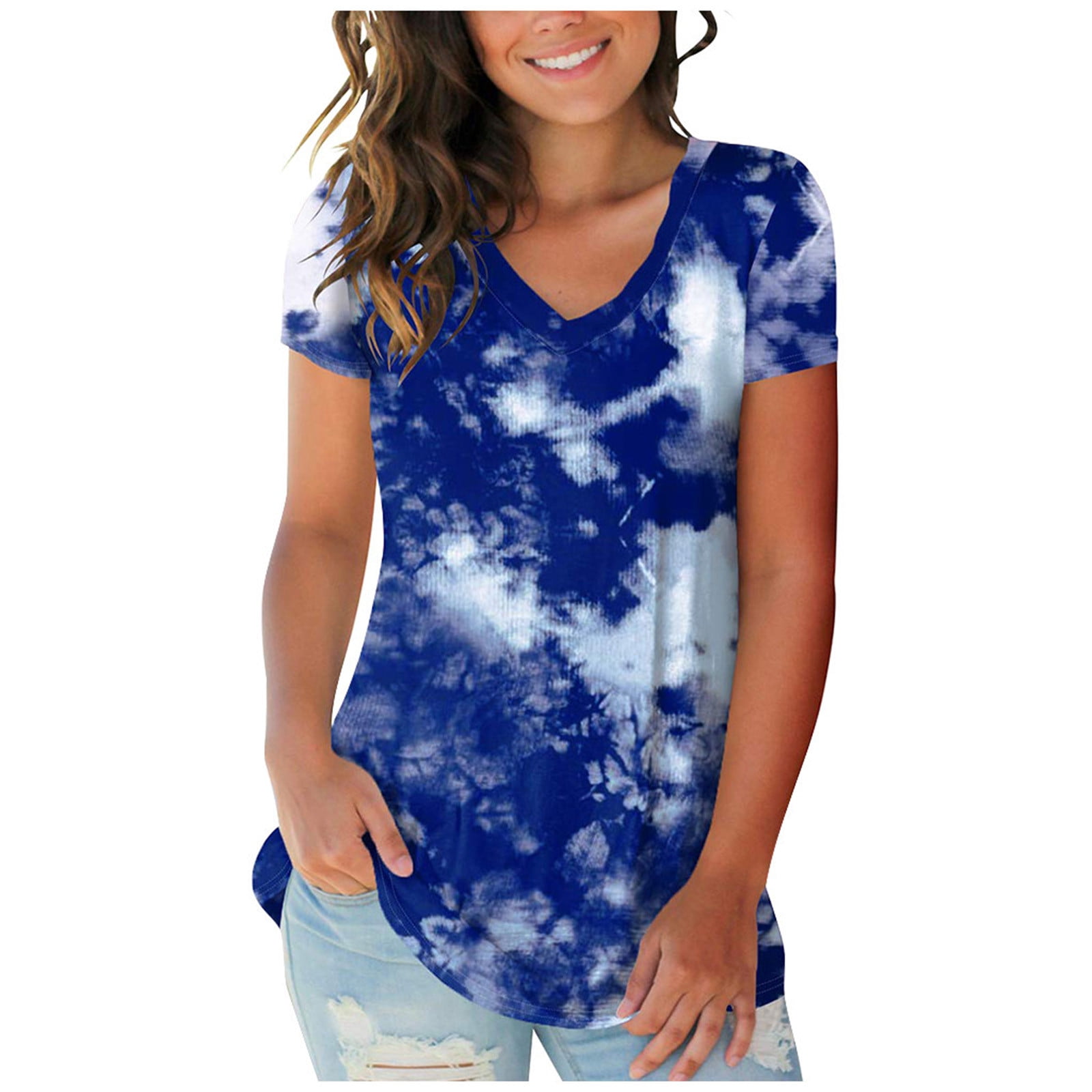 YYDGH Women's V Neck Tie Dye T Shirts Short Sleeve Side Split