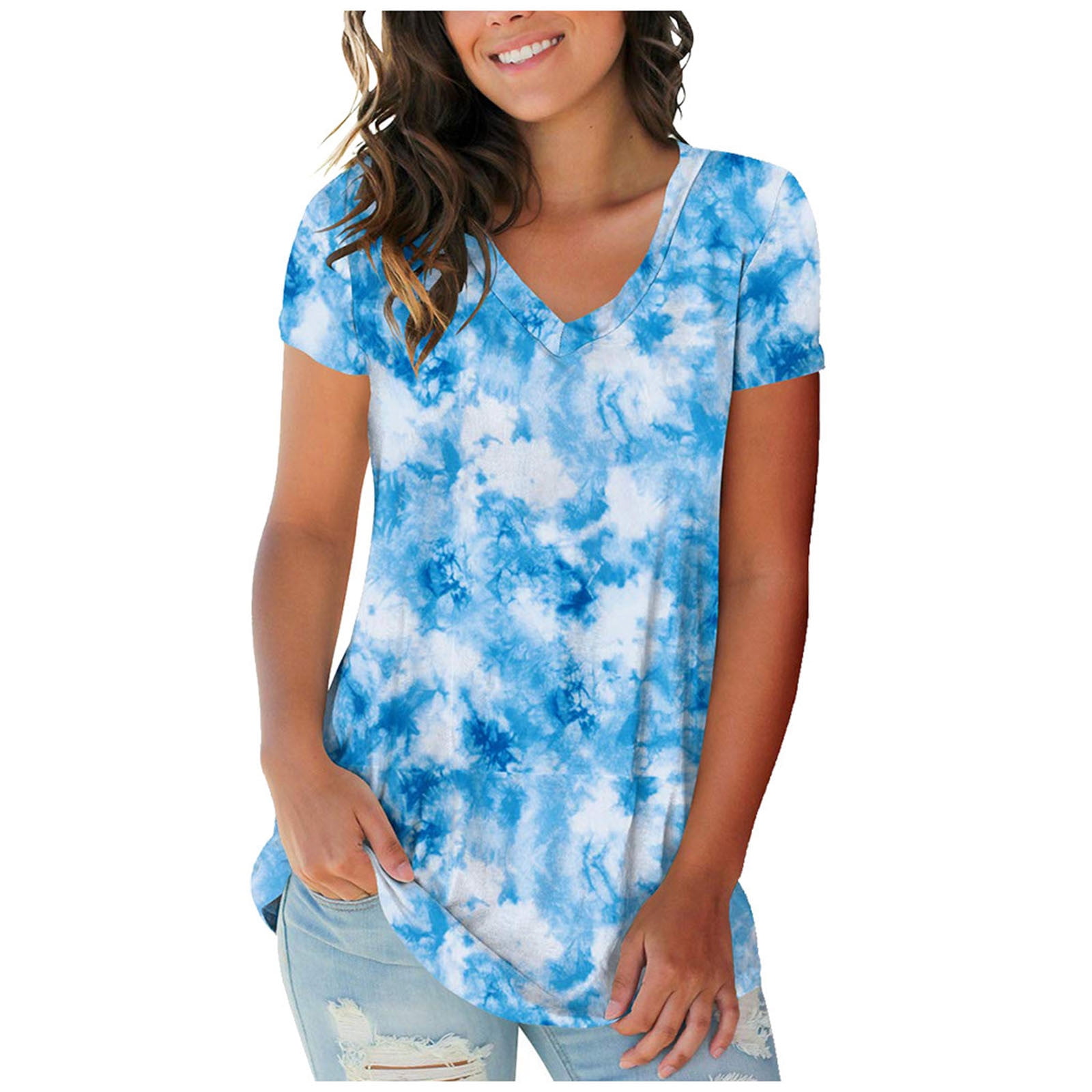 YYDGH Women's V Neck Tie Dye T Shirts Short Sleeve Side Split Summer Casual  Tops Sky Blue 3XL