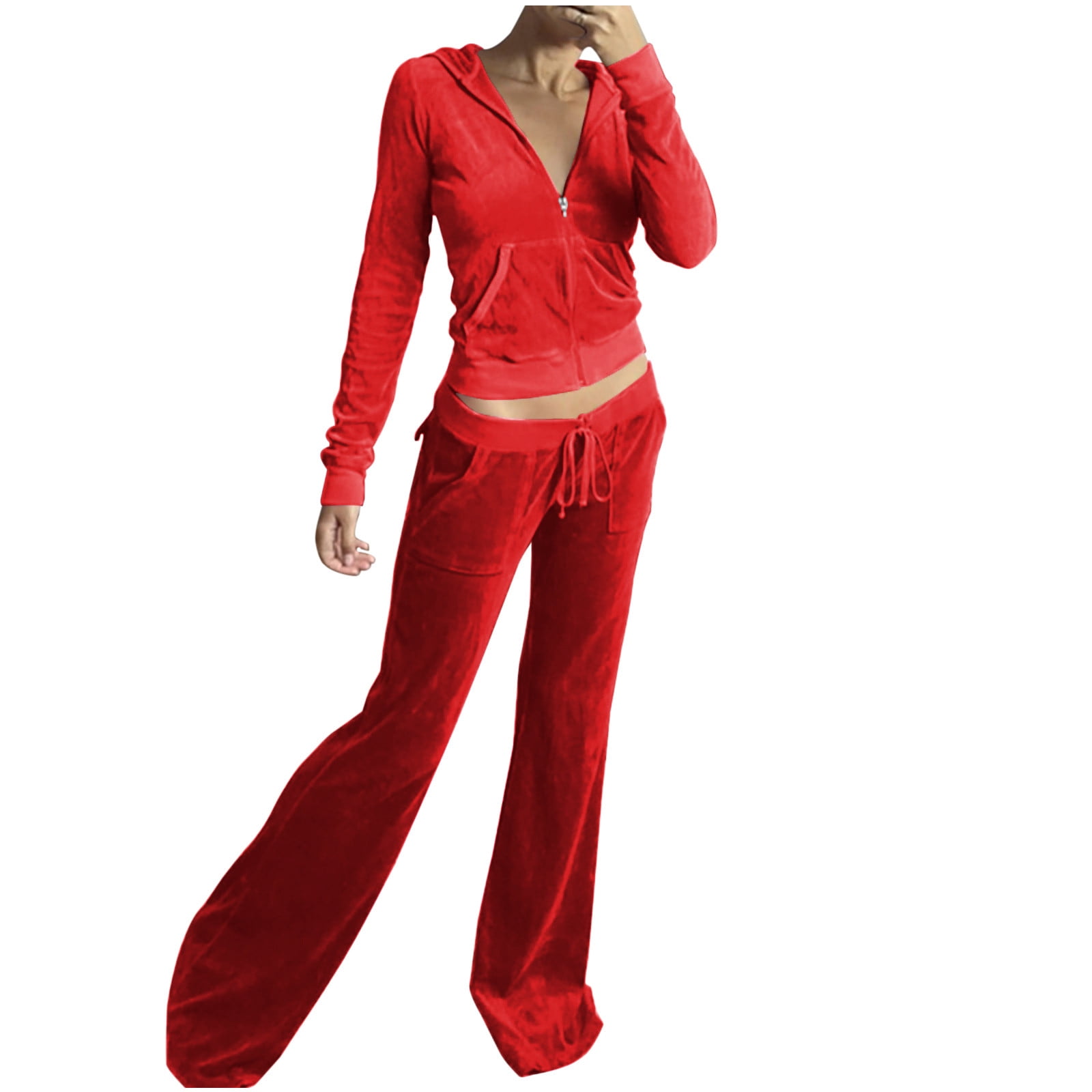 YUHAOTIN Red Sweatsuit Women Solid Lace Splice V-Neck Long Sleeve Coat  Ruffle Button Long Pants Set Outfits Women Set Winter Sweatsuits for Women  Set 2 Piece Hoodie Flare 