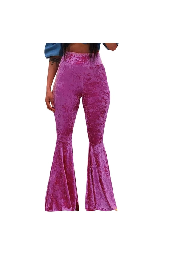 Women's Velvet Flare Pants Elastic High Waist Ruffle Bell Bottom Casual Party Club Trouser
