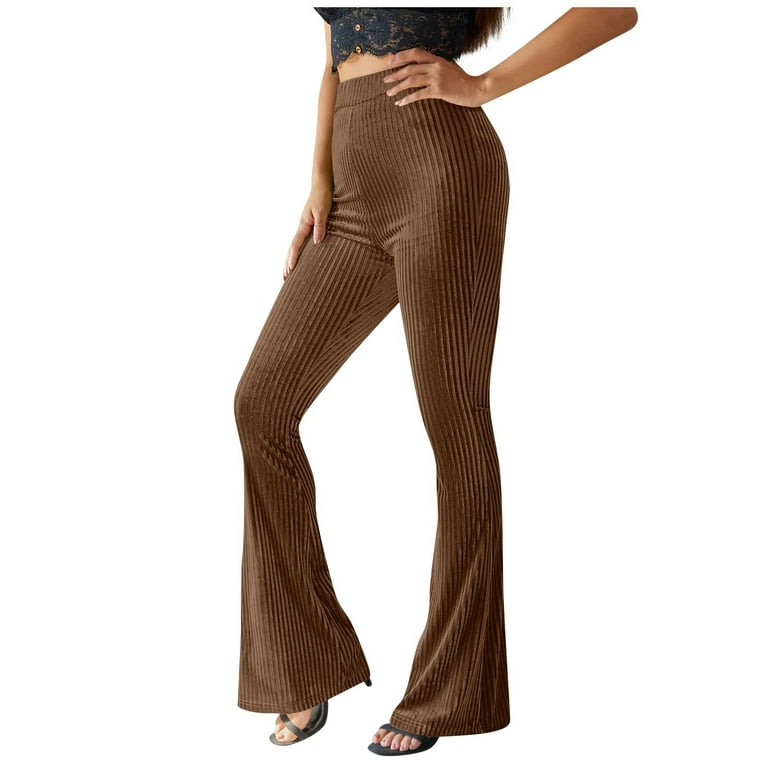 YYDGH Women's Velvet Pants High Waisted Flare Pants Solid Color Bell Bottom  Long Pants Trousers Brown Brown 