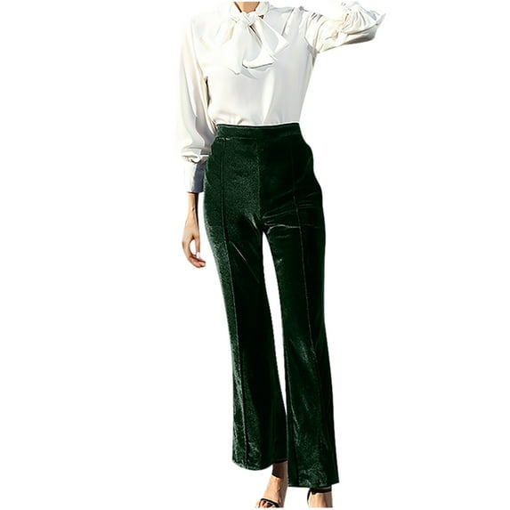 YYDGH Women's Velvet Pants Wide Leg Flare Pants Elastic High Waist Palazzo Casual Bell Bottom Trousers Army Green L