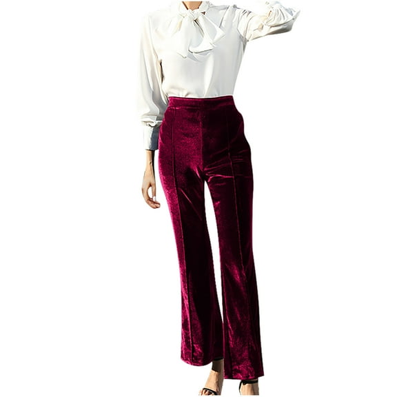 YYDGH Women's Velvet Pants Wide Leg Flare Pants Elastic High Waist Palazzo Casual Bell Bottom Trousers Wine Red S