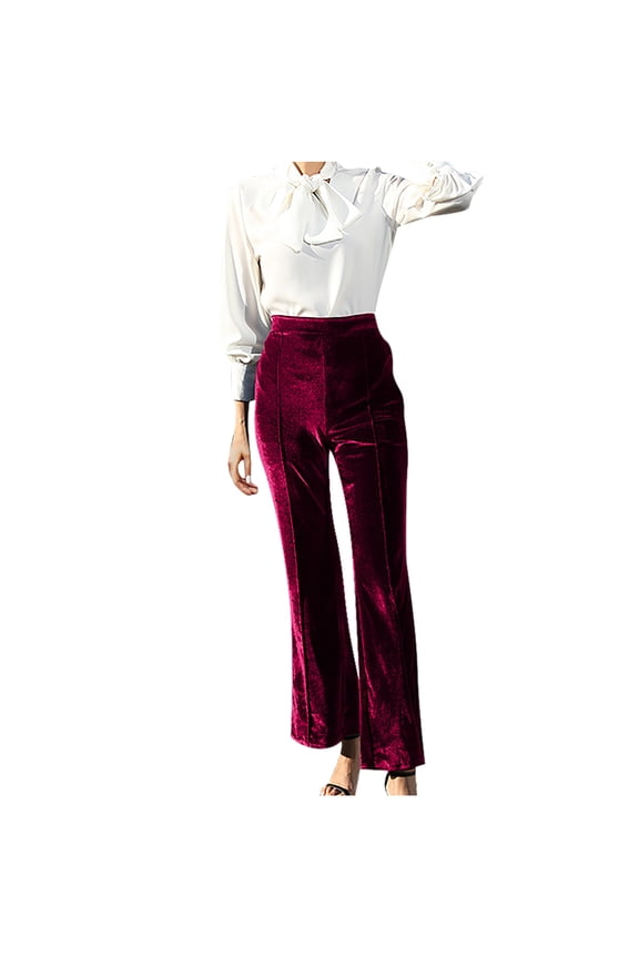 Women's Velvet Pants Wide Leg Flare Pants Elastic High Waist Palazzo Casual Bell Bottom Trousers Wine Red XL