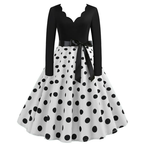 YYDGH Women's Vintage Audrey Hepburn Dress Polka Dots Long Sleeve Knee-Length Dress Cocktail Party Evening Dress White XXL