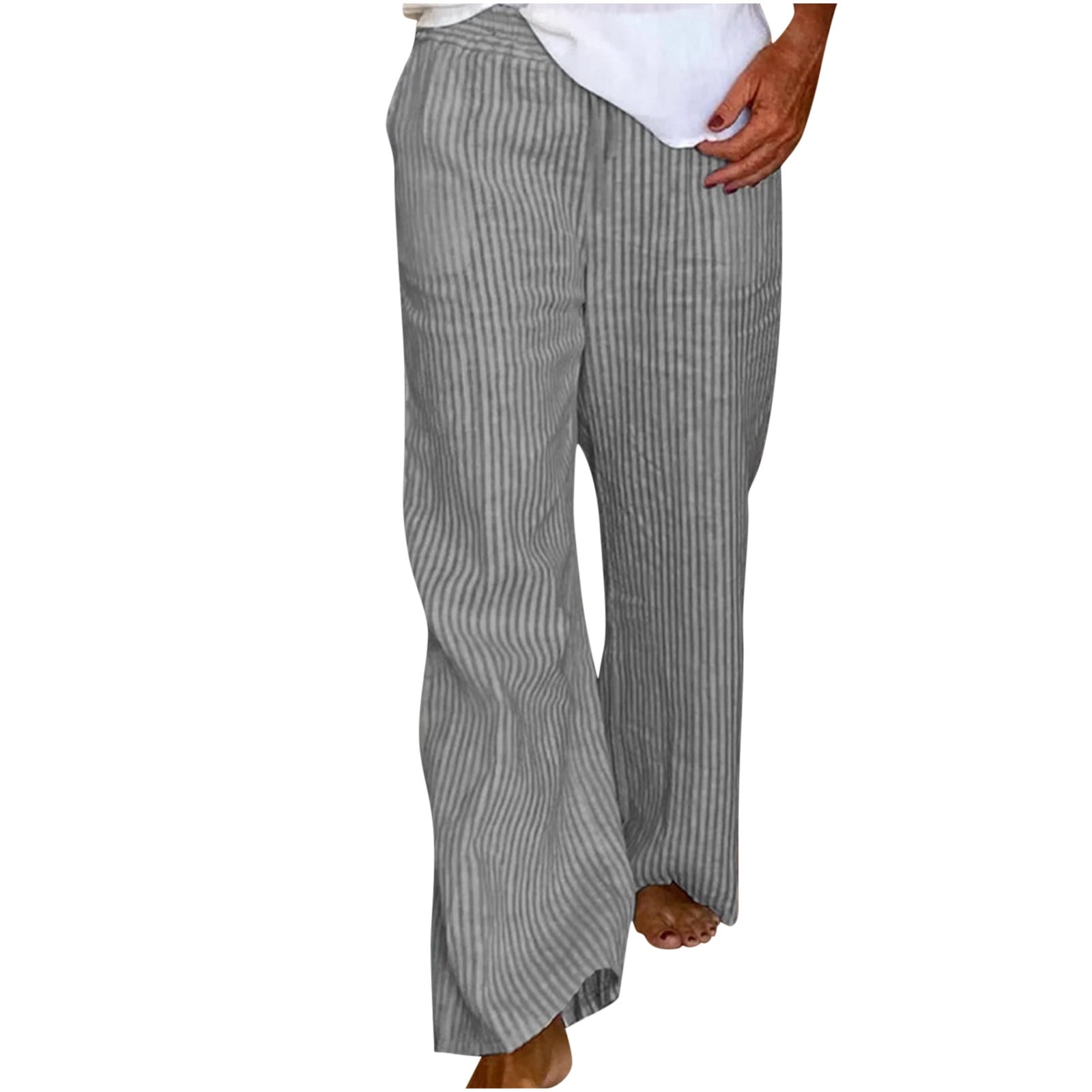 YYDGH Women s Wide Leg Linen Pants High Waisted Striped Casual Trousers Loose Dressy Pants with Pocket Gray XL Walmart