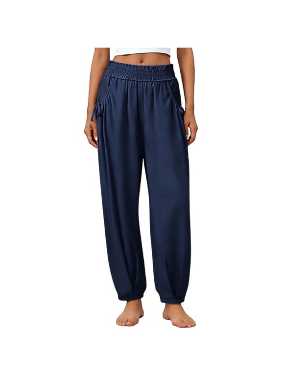 Women's Wide Leg Palazzo Pants Summer Casual Elastic High Waist Cuffed Pants Loose Boho Beach Vacation Trousers with Pockets
