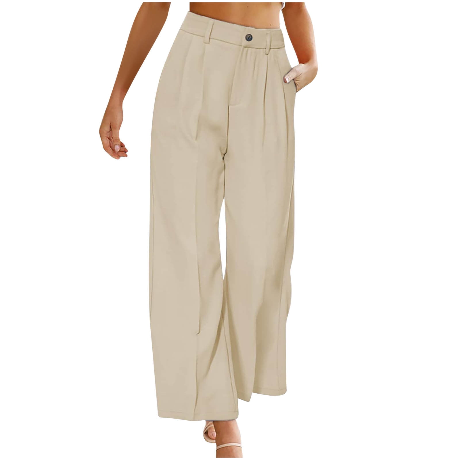 YYDGH Women's Wide Leg Pants Pleated High Waisted Button Down Straight Long  Trousers Business Office Work Suit Pants Beige Beige