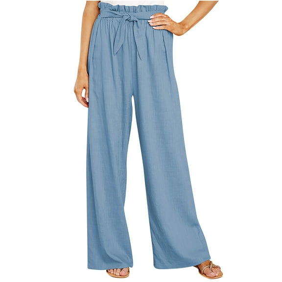 YYDGH Women's Wide Leg Pants with Pockets High Waist Adjustable Knot Loose Casual Trousers Business Work Casual Pants Light Blue S