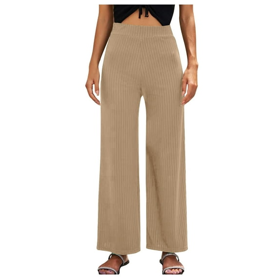 YYDGH Women's Wide Leg Ribbed Knit Pants Casual Elastic High Waisted Loose Long Pants Solid Color Palazzo Trousers Beige L