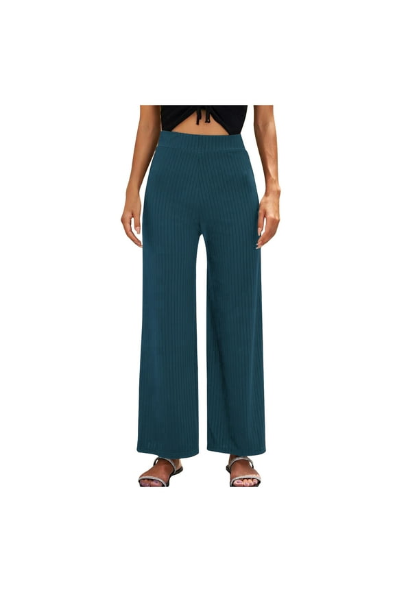 Women's Wide Leg Ribbed Knit Pants Casual Elastic High Waisted Loose Long Pants Solid Color Palazzo Trousers Blue L