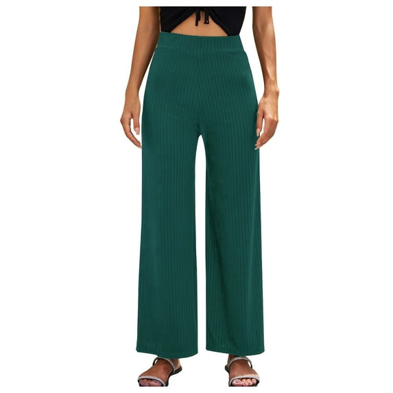 YYDGH Women's Wide Leg Ribbed Knit Pants Casual Elastic High Waisted Loose Long Pants Solid Color Palazzo Trousers Green XL