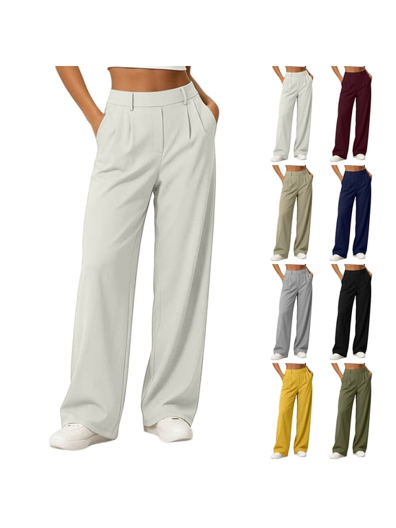 Women's Wide Leg Work Pants High Waist Pleated Pull On Dress Trousers Business Work Office Casual Loose Pants with Pockets