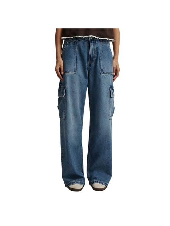 Women's Y2k Baggy Cargo Jeans High Waist Wide Leg Straight Hip Hop Jeans Vintage Boyfriend Denim Pants with Pockets