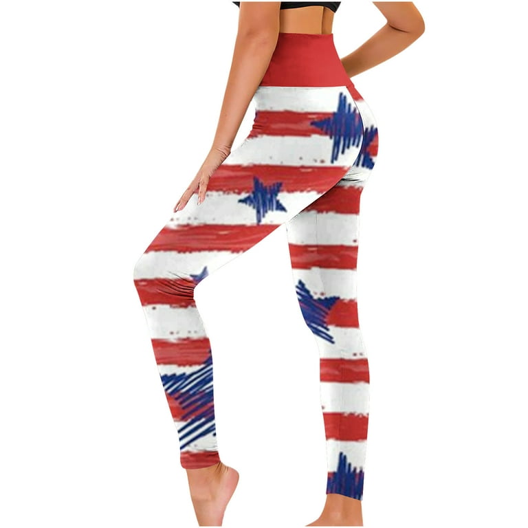 YYDGH Women's American Flag Leggings Stripes Patriotic Yoga High Waisted  Soft 4th of July Stretchy Pants Black Red S