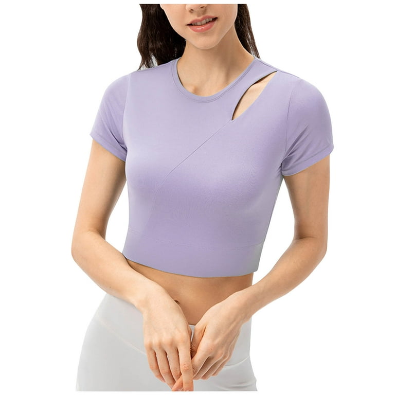 YYDGH Women's Yoga Top Crew Neck Cut Out Workout Shirts Short Sleeve  Athletic Running Fitness Tight Tee Crop Tops Purple S