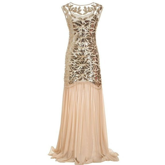 YYDGH Womens 1920s Vintage Dress Sequins Long Flapper Mermaid Hem Cocktail Party Dress Formal Wedding Evening Maxi Gown Dresses Beige M