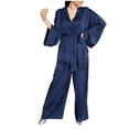thumbnail image 1 of YYDGH Womens 2 Piece Outfits Long Sleeve Cardigan Robe and Wide Leg Pants Pajama Matching Sets Loose Casual Sleepwear Loungewear with Pockets Dark Blue M, 1 of 6