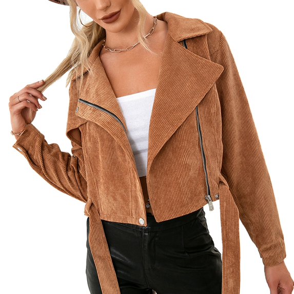 YYDGH Womens 2023 Winter Fall Blazer Jackets Zip Up Corduroy Crop Coats with Belt Khaki S