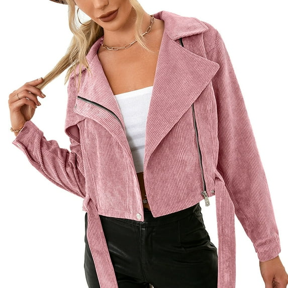 YYDGH Womens Winter Fall Blazer Jackets Zip Up Corduroy Crop Coats with Belt Pink XL