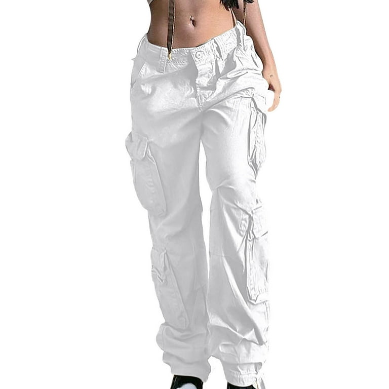 YYDGH Womens Baggy Cargo Pants y2k Jeans Low Waist Parachute Pants Teen  Girls Wide Leg Trousers Trendy Clothes Hiking Pants White S