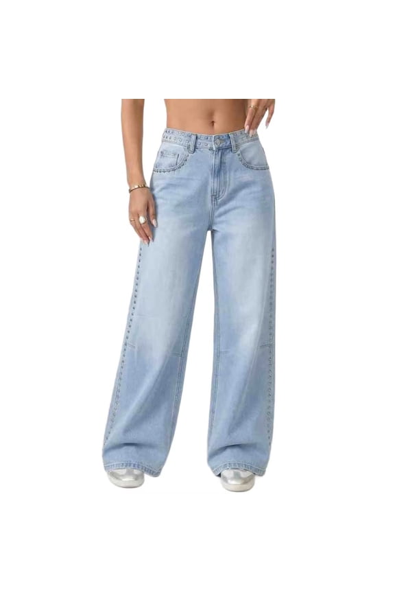 Womens Baggy Jeans High Waist Decorative Rivet Wide Leg Jeans Casual Loose Vintage Denim Pants Streetwear with Pockets