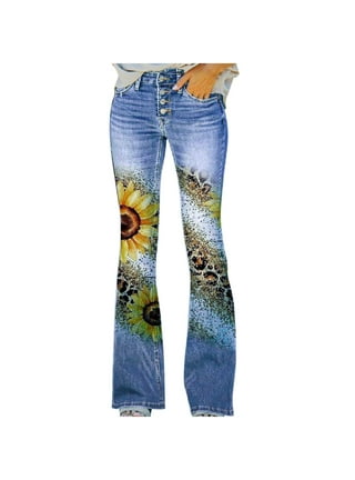Plus Size Bell Bottom Jeans for Women Floral Embroidered High-Rise Flare  Jeans Stretch Skinny Fitted Denim Pants 
