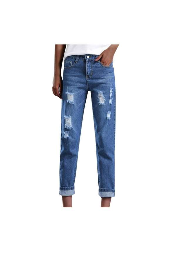 Womens Boyfriend Jeans Distressed Casual Ripped Jeans High Waist Straight Leg Denim Pants Dark Blue S
