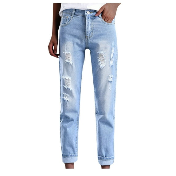 YYDGH Womens Boyfriend Jeans Distressed Casual Ripped Jeans High Waist Straight Leg Denim Pants Light Blue XXL