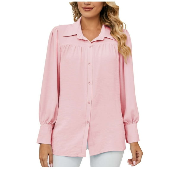 YYDGH Womens Button Down Shirts Long Sleeve Casual Chiffon Blouses Loose Pleated Collared Work Office Tops Pink XL