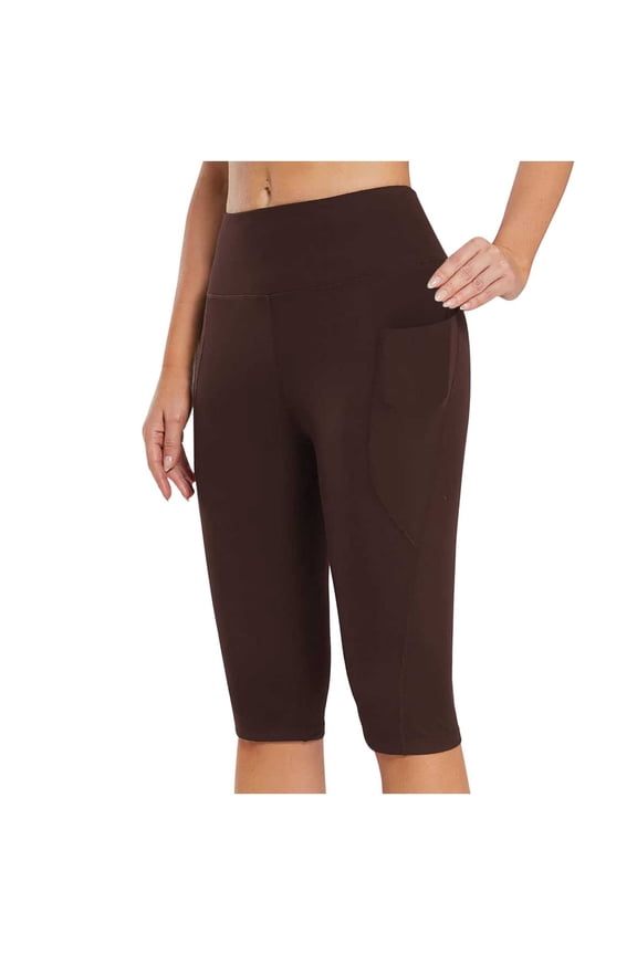 Womens Capri Leggings Casual Knee Length Capris Workout Summer High Waist Yoga Pants Soft Buttery Short Leggings Brown XXL