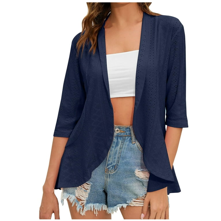 YYDGH Womens Cardigan Long Sleeves Open Front Lightweight Cardigans Draped Ruffles Solid Color Fall Cover Ups Navy Blue XXL