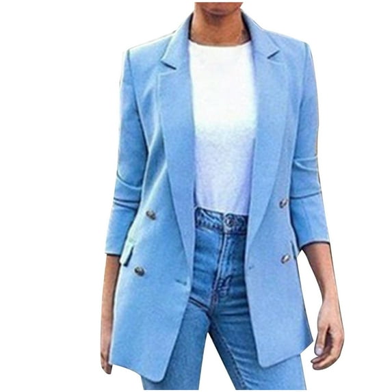 YYDGH Womens Casual Blazer Jacket Long Sleeve Open Front Work Office Suits Blazer Lapel Button Jacket Solid Color Trendy Outfits Dressy Womens Blazer Light Blue M