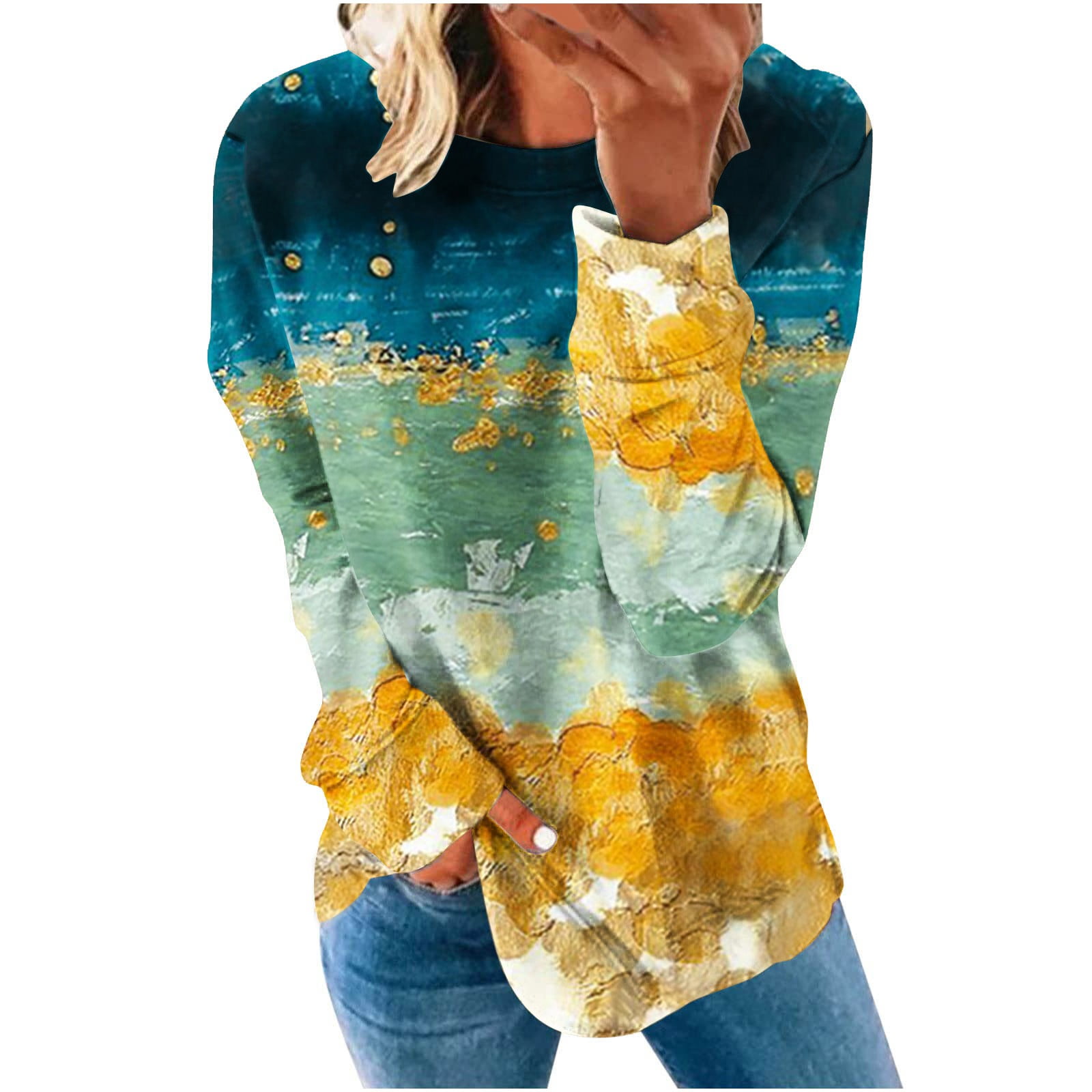 YYDGH Womens Casual Long Sleeve Crewneck Sweatshirt Gradient Tie Dye Floral Printed Loose Pullover Tops Shirts Loose Side Slit Winter