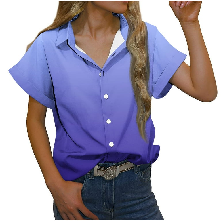 YYDGH Womens Casual Short Sleeve Button Down Shirts Summer Cotton Solid  Color Top Blouses with Pockets Light Blue XXXL 