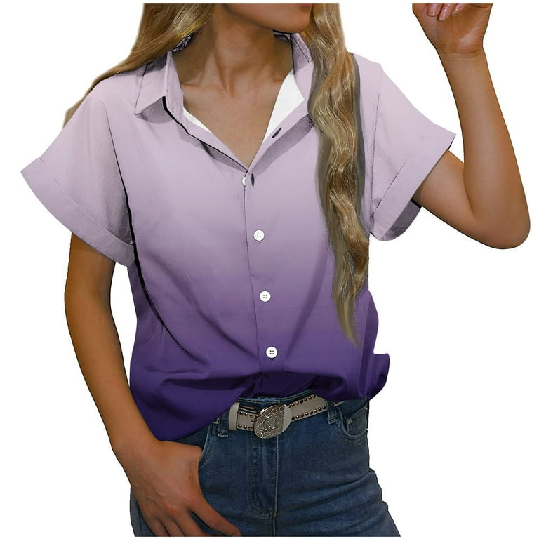 YYDGH Womens Casual Short Sleeve Button Down Shirts Summer Cotton Solid  Color Top Blouses with Pockets Dark Purple L