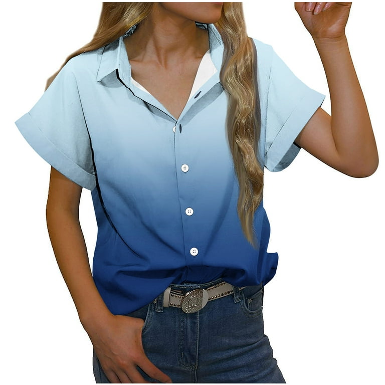YYDGH Womens Short Sleeve Button DownShirts V Neck Collared Work Office  Shirt Tops Blue XL 