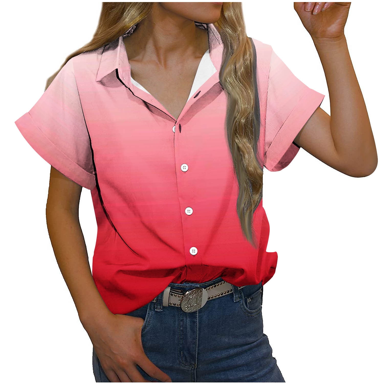 YYDGH Womens Casual Short Sleeve Button Down Shirts Summer Cotton Solid  Color Top Blouses with Pockets Hot Pink L 
