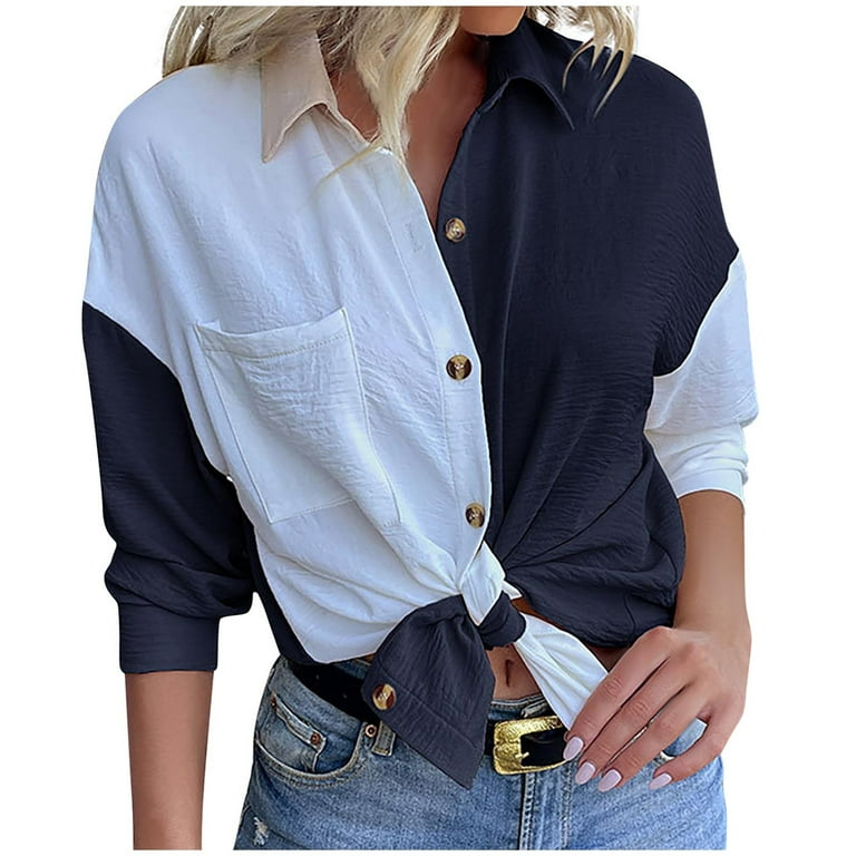 YYDGH Womens Color Block Button Down Shirts Tie Kont Long Sleeve Oversized  Boyfriend Blouses Tops Blue S 