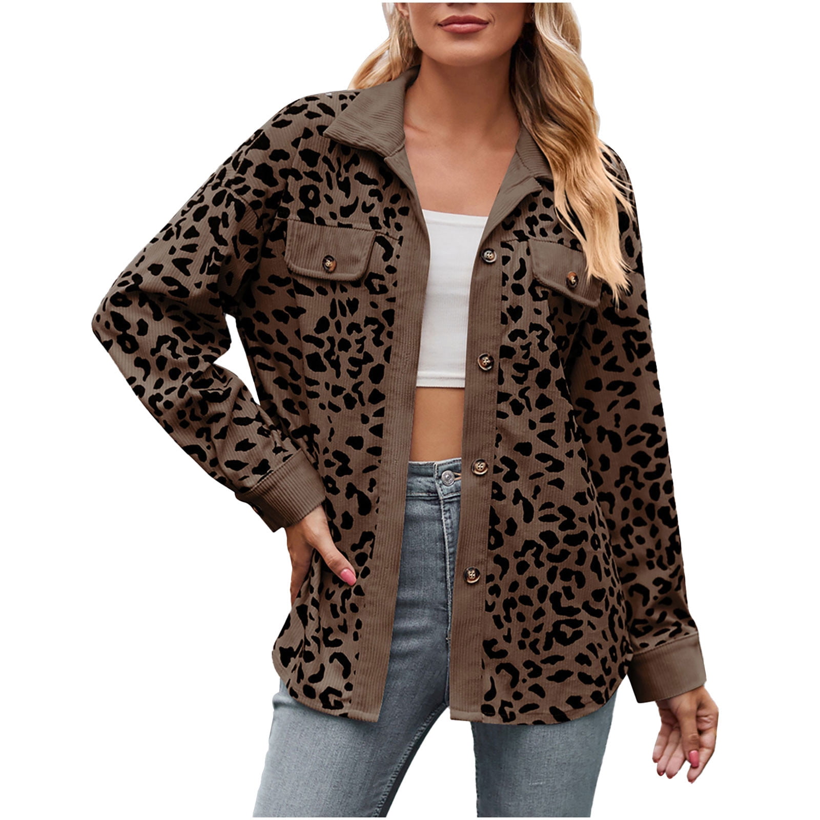 YYDGH Womens Corduroy Leopard Print Shacket Boyfriends Button Down Long  Shirts Jacket with Pockets Fall Clothes Tops Brown M 
