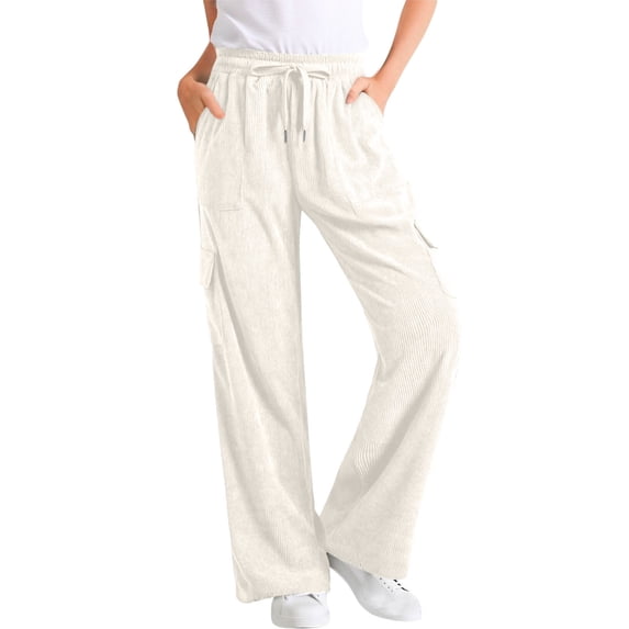 YYDGH Womens Corduroy Pants High Waisted Elastic Drawstring Cargo Pants Casual Loose Fit Wide Leg Trouser with Pockets