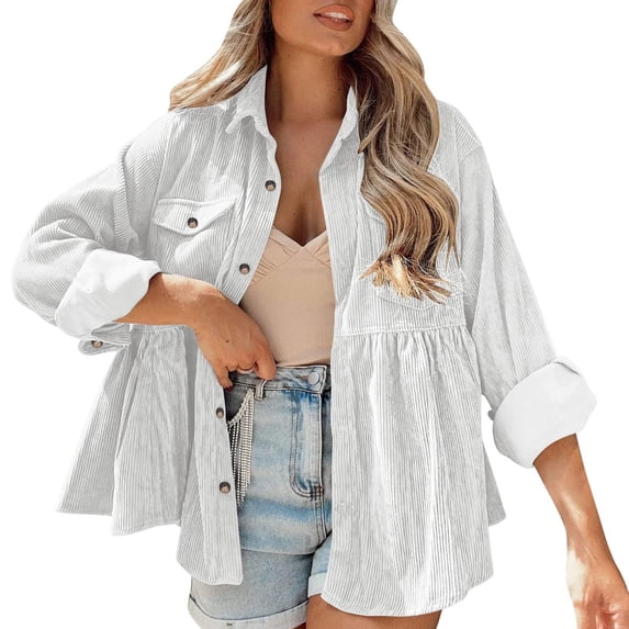 YYDGH Womens Corduroy Peplum Shirts Long Sleeve Button Down Shacket Jacket Casual Babydoll Shirts Blouses Tops for Women